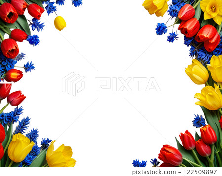 Bouquet of spring red tulips and yellow daffodils and blue flowers in a wicker basket. Shopping cart isolated on white background 122509897