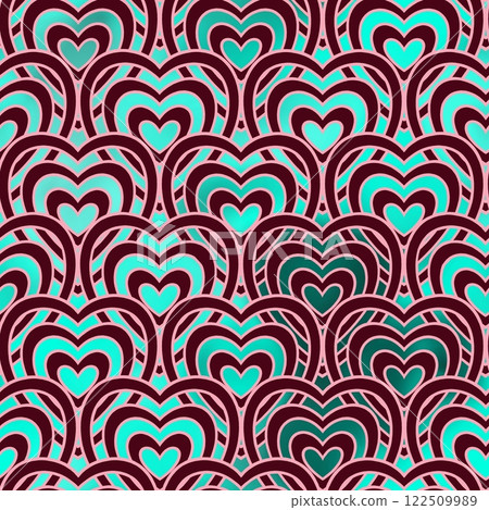 Seamless pattern with purple wavy lines in the shape of a heart on a green background. 122509989
