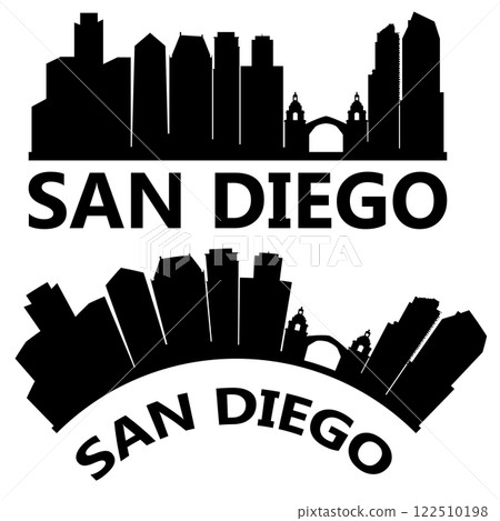 San Diego skyline silhouette. San Diego California skyline sign. Landscape City Design. flat style. San Diego skyline silhouette. San Diego California skyline sign. Landscape City Design. flat style. 122510198