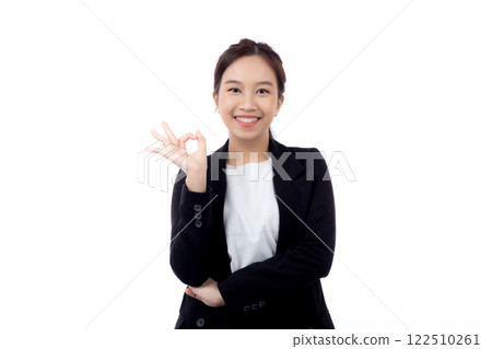 Portrait young asian business woman in suit gesture ok with confident and achievement isolated. Portrait young asian business woman in suit gesture ok with confident and achievement isolated. 122510261