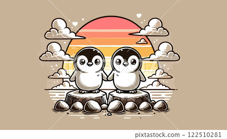 Vector illustration of two adorable small penguins standing on rocks against a sunset background, surrounded by clouds, with a playful and cheerful design for prints, cards and children's projects 122510281