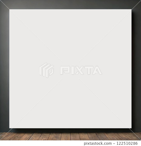 Vector illustration of a white blank square picture frame on a wooden surface with a minimalist and modern design. Perfect for mockups, presentations, and decor visualization projects 122510286