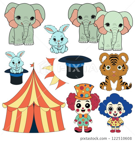 set of illustrations circus work on a white background digital hand-drawn set of illustrations circus work on a white background digital hand-drawn 122510608