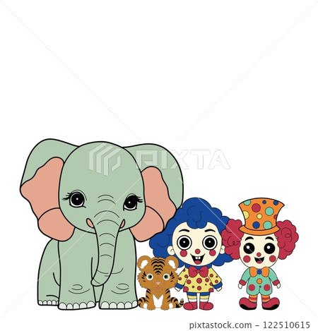 Tiger elephant and cute clowns in the circus arena close-up hand-drawn Tiger elephant and cute clowns in the circus arena close-up hand-drawn 122510615