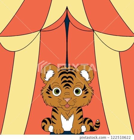 A cute tiger on the background of a circus tent is a vivid illustration close-up  122510622