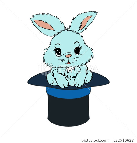 A cute blue rabbit climbs out of a magician's hat close-up hand-drawn A cute blue rabbit climbs out of a magician's hat close-up hand-drawn 122510628