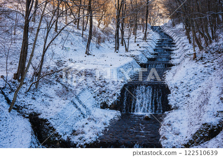 French-style staircase construction along the Ushibuse River in winter [Matsumoto City] 122510639