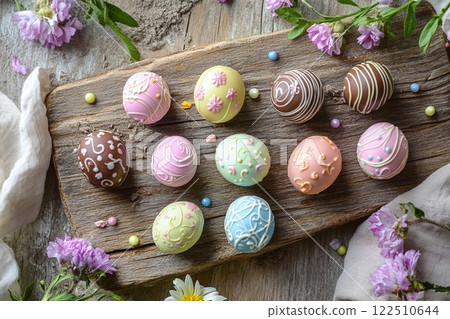 Decorated Chocolate Easter Eggs on Wooden Board 122510644