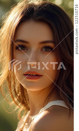 she caucasian young woman with brown color hair ,enjoys the warm of sun on her face 122510716