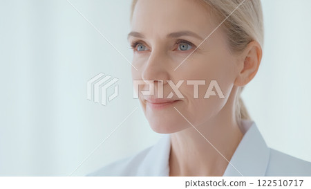 Middle-aged attractive woman looks into distance, cropped close up upper face view. 122510717