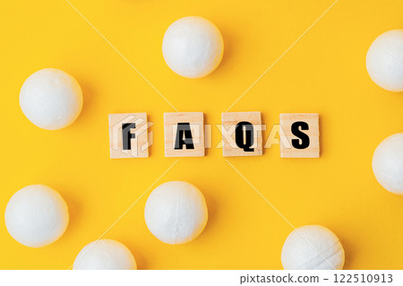 Yellow background with white balls and a word that starts with the letter FAQS 122510913