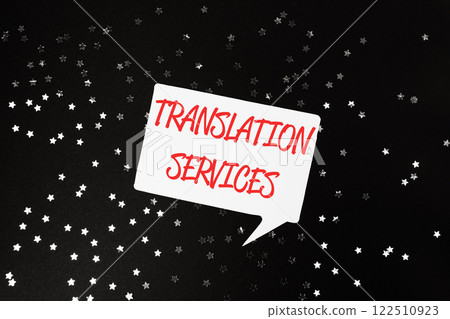 White sign with red letters that say Translation Services 122510923