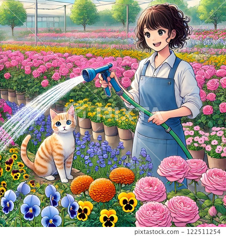 在一座巨大的花卉農場裡，鮮花在運送前澆水。 122511254