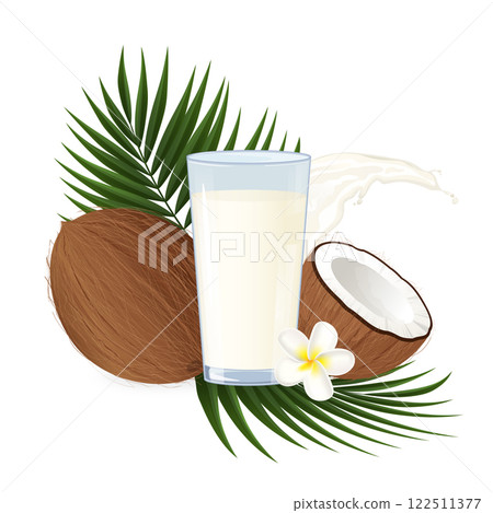 Glass of coconut milk with splashing milk, whole coconut, half coconut, plumeria flower and palm leaves Glass of coconut milk with splashing milk, whole coconut, half coconut, plumeria flower and palm leaves 122511377