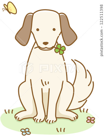 A floppy-eared dog holding a four-leaf clover in a garden 122511398