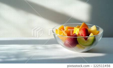 陽光明媚的窗台上擺放著一盤新鮮切好的水果 122511456