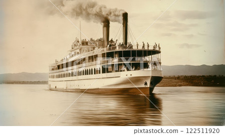Historic steamboat cruising along a calm river 122511920