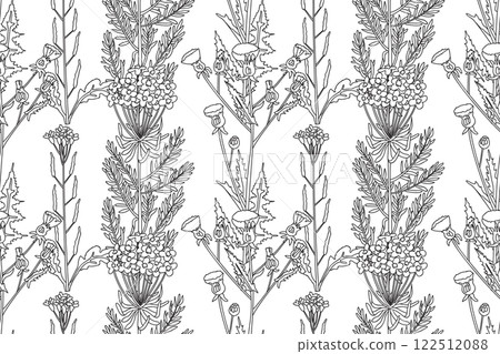 Line art botanical abstract seamless plant pattern with wildflowers vector illustration. Black and white outline repeating floral background. Graphic design for Wallpaper Textile Print Cover Card Book 122512088