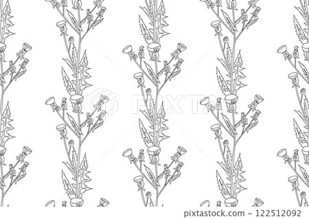Line art botanical abstract seamless plant pattern with wildflowers vector illustration. Black and white outline repeating floral background. Graphic design for Wallpaper Textile Print Cover Card Book 122512092