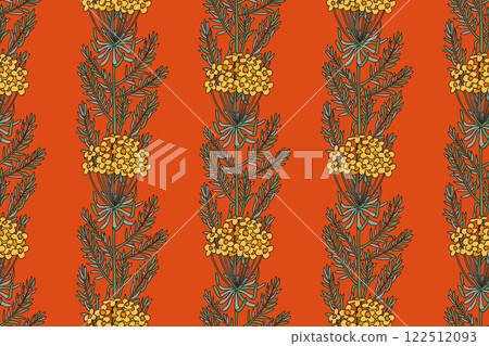 Botanical abstract plant seamless pattern with wildflowers vector illustration. Repeating retro floral pattern in red colors background. Graphic design for Wallpaper Textile Cover Card Print Product 122512093