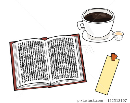 一本書、熱咖啡和一張書籤的插圖(無背景) 一本書、熱咖啡和一張書籤的插圖(無背景) 122512197