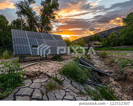Climate change concept with drought and solar panels symbolizing fight against climate change 122512307