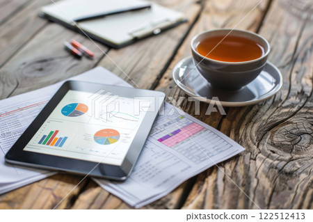 Organized Workspace with Tablet Displaying Financial Data for Business Analysis and Strategy Planning 122512413