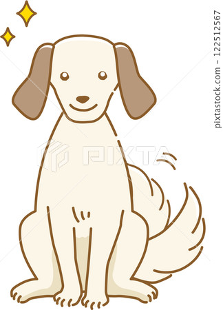 An illustration of a droopy-eared dog with sparkling eyes and wagging tail in anticipation 122512567