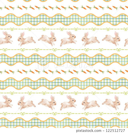 A delightful Easter-themed pattern featuring whimsical bunnies, vibrant carrots, and playful wavy stripes. The charming green checkered background is adorned with whimsical ribbon bows. A delightful Easter-themed pattern featuring whimsical bunnies, vibrant carrots, and playful wavy stripes. The charming green checkered background is adorned with whimsical ribbon bows. 122512727
