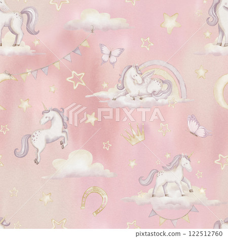 Watercolor seamless Pattern with Unicorns, clouds, stars and garlands on pastel pink background. Illustration for Baby girl textile or childish wallpaper. Tile for ornament and princess wall art. 122512760
