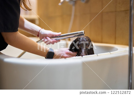 Dog bathing session in a modern bathroom with owner gently cleaning pet 122512872