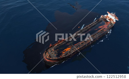 Aerial view of an old crude oil transport ship that is losing oil due to technical problems or aging and is heavily polluting and contaminating the environment with crude oil 122512958