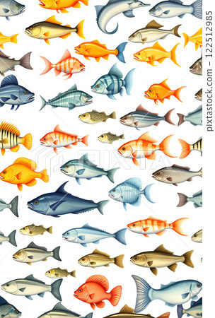 Illustrative and colorful depiction of fishes of different kind in color and shape in a drawn appearing style Illustrative and colorful depiction of fishes of different kind in color and shape in a drawn appearing style 122512985