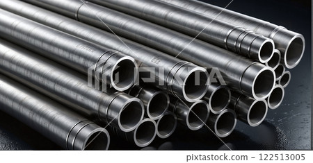 Close-ups of stored industrially manufactured metal steel pipes after production 122513005