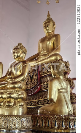 Golden Buddha Statues in Serenity at Temple Interior Setting Golden Buddha Statues in Serenity at Temple Interior Setting 122513022