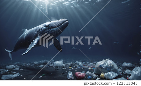 Whale in its natural habitat surrounded by man-made waste and plastic waste, pollution of the oceans and damage and destruction of ecosystems 122513043