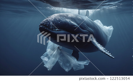Whale in its natural habitat surrounded by man-made waste and plastic waste, pollution of the oceans and damage and destruction of ecosystems 122513054