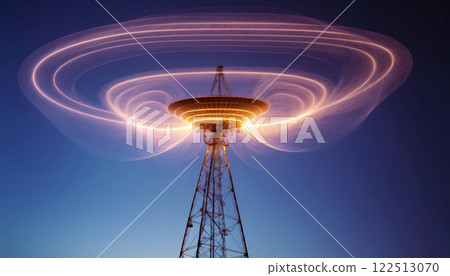 Radio, broadcasting or radio waves propagate as electromagnetic waves around a transmitter mast and are emitted from it 122513070