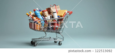 Illustrative depiction of a full shopping cart, free standing in front of a background of the same color, consumption and shopping pleasure - ai generated Illustrative depiction of a full shopping cart, free standing in front of a background of the same color, consumption and shopping pleasure - ai generated 122513092
