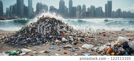 Close-up of polluted beach sections due to plastic waste entering the ecosystem and insufficient recycling -ai generated 122513105