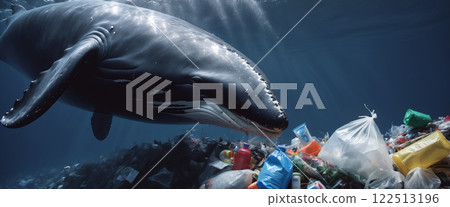 Whale in its natural habitat surrounded by man-made waste and plastic waste, pollution of the oceans and damage and destruction of ecosystems 122513196
