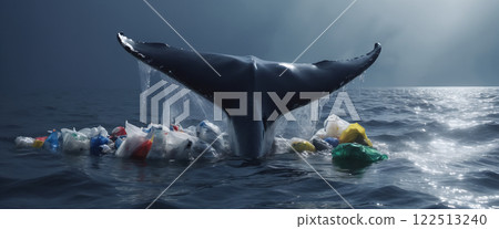 Whale in its natural habitat surrounded by man-made waste and plastic waste, pollution of the oceans and damage and destruction of ecosystems 122513240