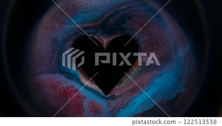 Valentine card. Frame affection symbol. Defocused blue crimson multicolor black shape love paint ink texture spill on abstract art romantic dark background. Valentine card. Frame affection symbol. Defocused blue crimson multicolor black shape love paint ink texture spill on abstract art romantic dark background. 122513538