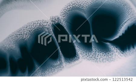 Ink dripping. Wet blob. Shapeless black gray blue spot row paint spilling on white paper. Messy spatter texture defocused flow abstract background. 122513542