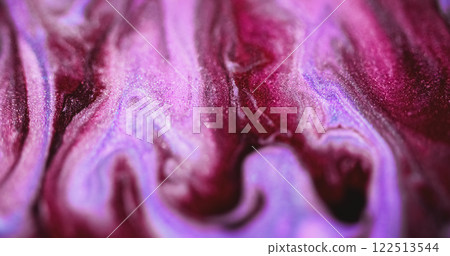 Shimmering fluid spill. Wet glitter flow. Defocused magenta pink purple color shiny particles texture acrylic ink wave abstract art background with bokeh light. Shimmering fluid spill. Wet glitter flow. Defocused magenta pink purple color shiny particles texture acrylic ink wave abstract art background with bokeh light. 122513544