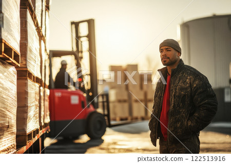 African American warehouse worker in his 30s, standing by stacked pallets, with forklift operating in background during sunrise. 122513916