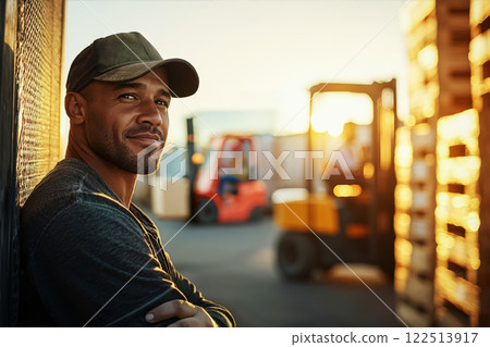 African American truck driver, early 30s, leaning against wall in  warehouse yard, with forklifts moving pallets in background at sunset. 122513917