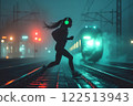 Teenage girl crosses railroad track with headphones on in evening in front of an approaching train. 122513943
