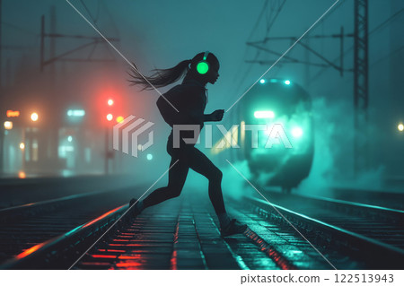 Teenage girl crosses railroad track with headphones on in evening in front of an approaching train. 122513943