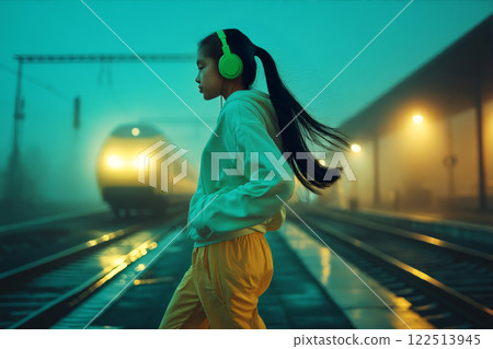 Crossing railroad tracks with headphones on, teenage girl illegally crosses railway lines in wrong place in evening. Crossing railroad tracks with headphones on, teenage girl illegally crosses railway lines in wrong place in evening. 122513945